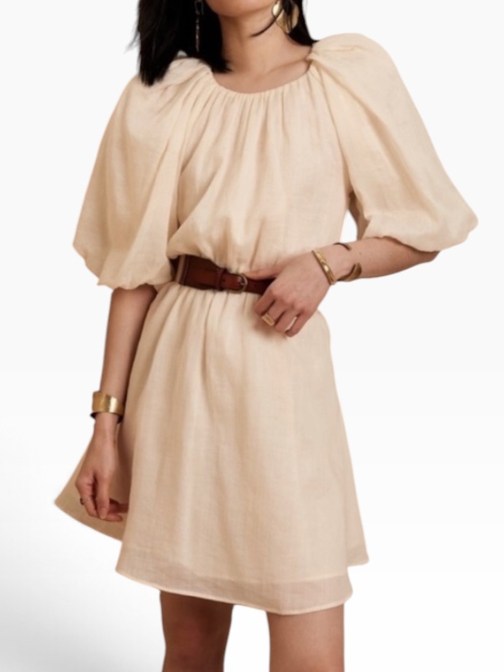 Banana Republic Bone Ramie Puff-Sleeve Open Back A-Line Mini Dress XS